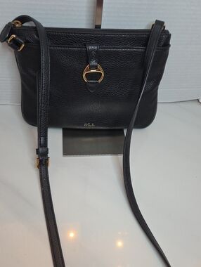 Ralph Lauren Double RL Black Pebbled Leather Crossbody with Gold Ring